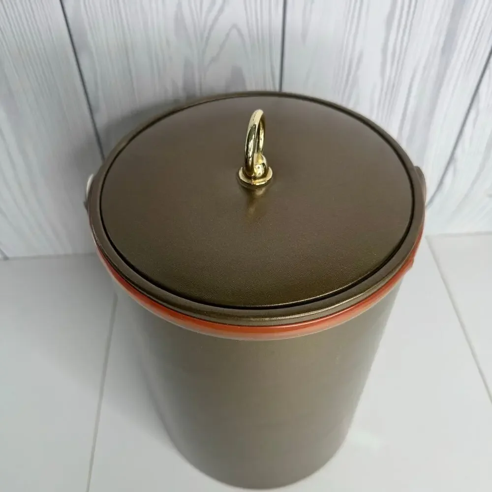 VTG MCM Ice Bucket W/ Lid Georges Briard Brown Faux Leather Brass Retro 12 x 8